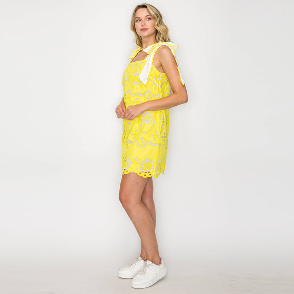 Lemon Yellow Daisy Eyelet Embroidery Mini Dress