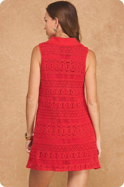 Crochet Lace Button Down Sleeveless Collared Mini Dress