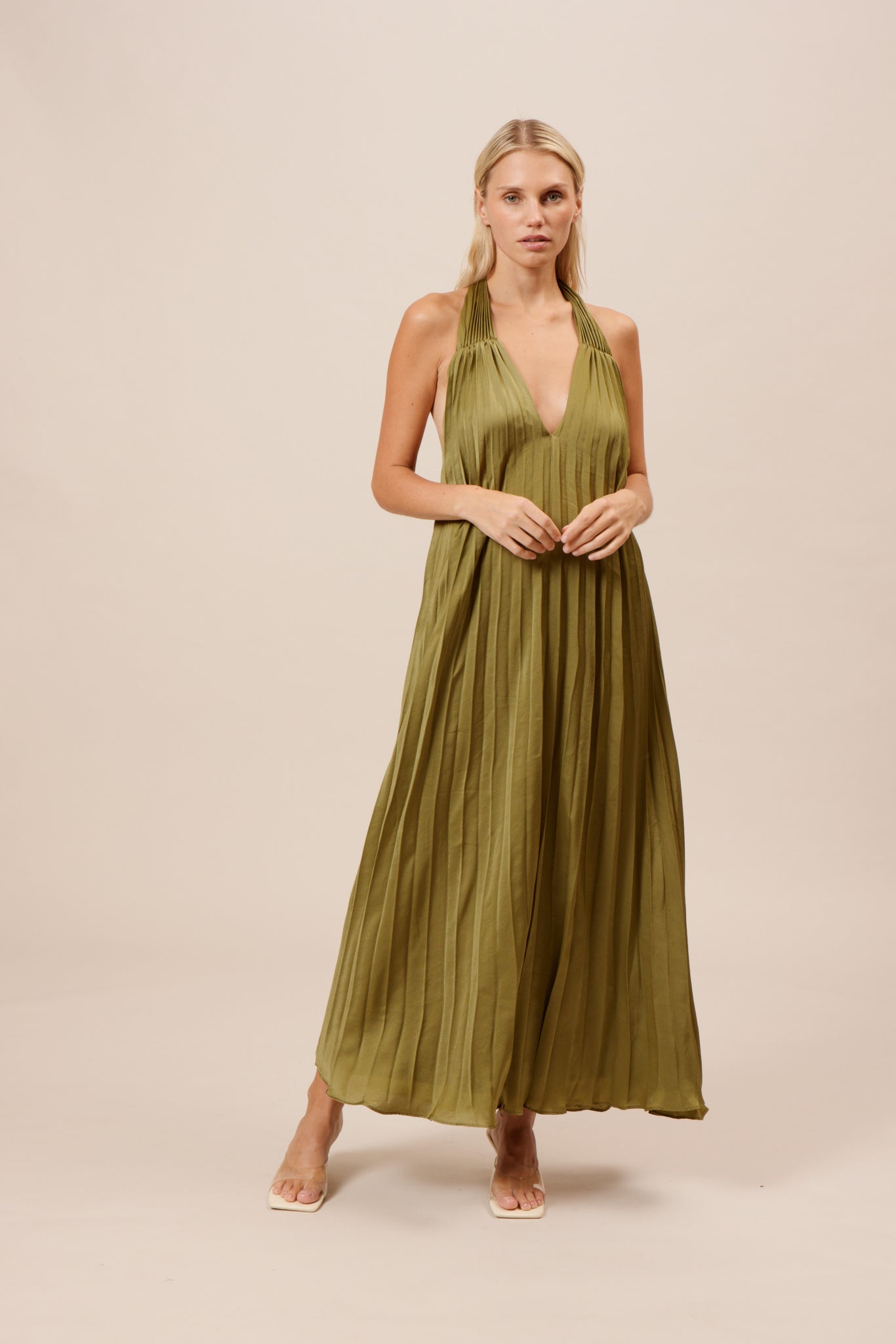 Pleated Olive Maxi Dress