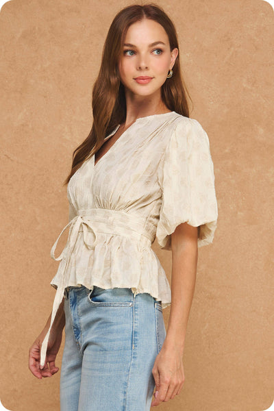 Dotted Textured Puff Sleeve Tie Waist Peplum Top