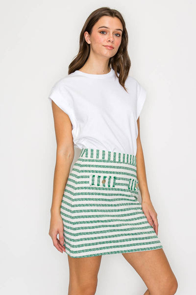 Green & White Stripe Summer French Boucle Mini Skirt