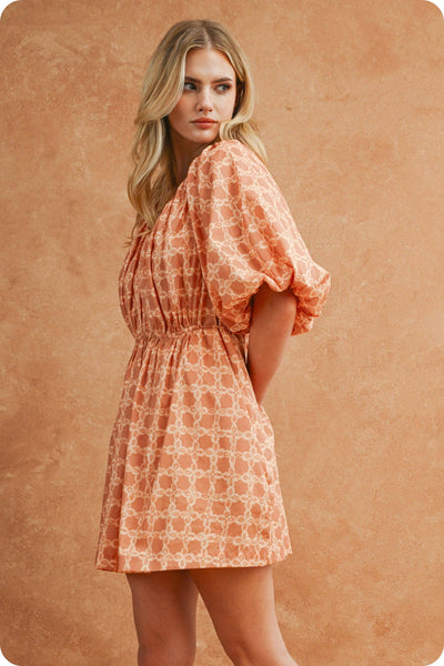 Chainlink Print Puff Short Sleeve Mini Dress