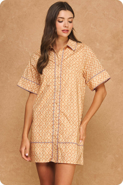 Retro Floral Stripe Piping Short Sleeve Shirt Mini Dress