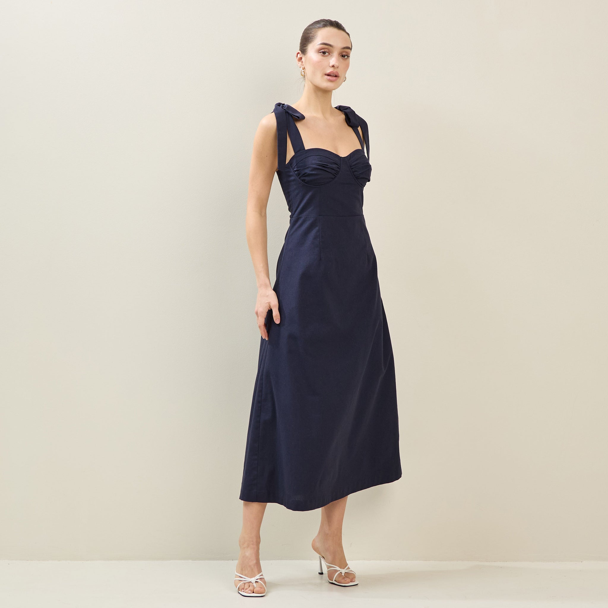 Bow Shoulder Linen Blend Dress