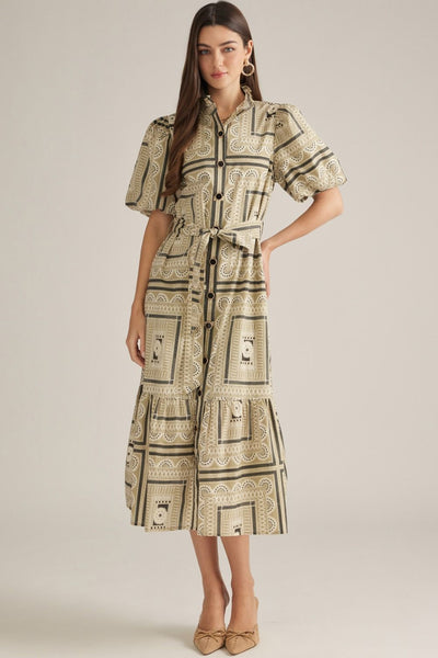 Button Detail Tie Waist Dress