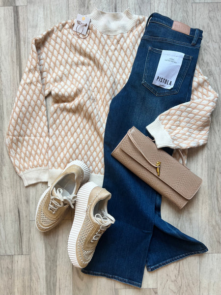 Rhombus Textured Knit Mock Neck Sweater
