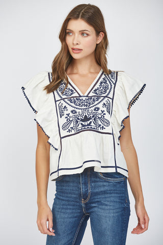 Navy Embroidered Ruffle Top