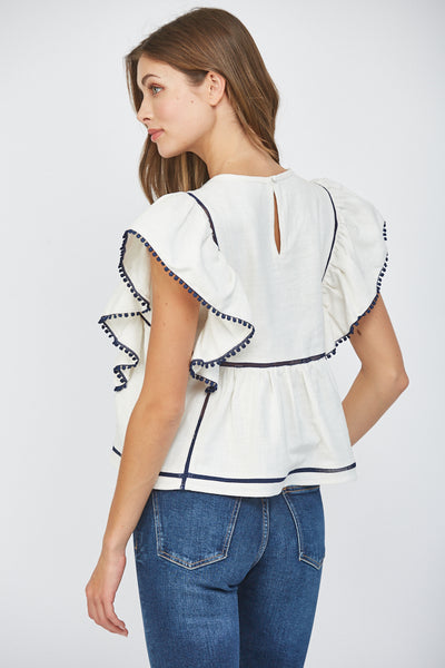 Navy Embroidered Ruffle Top