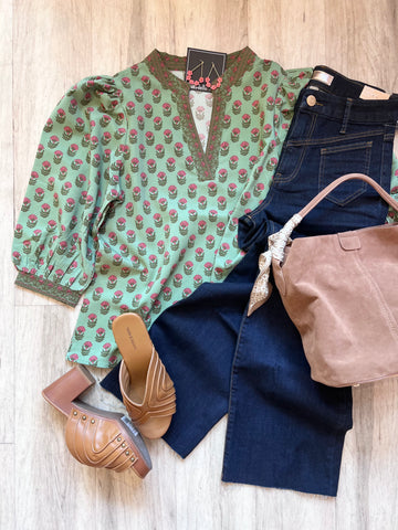 Contrast Placket Floral Top