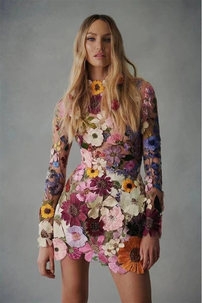 Long Sleeve Floral Embroidery Dress
