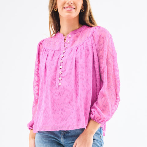Sheer Sleeve Button Textured Top