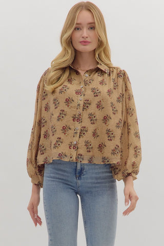 Camel Floral Button-Down Blouse | Vintage Puff Sleeve Top
