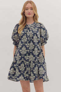 Navy Baroque Print Mini Dress