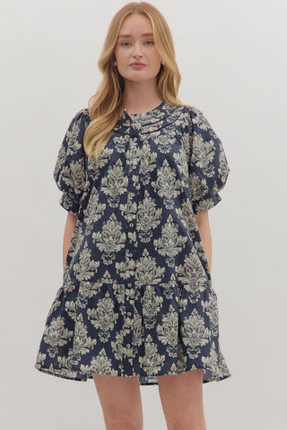 Navy Baroque Print Mini Dress