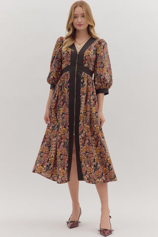 Floral Zip Midi Dress | Bohemian Fall Maxi Dress