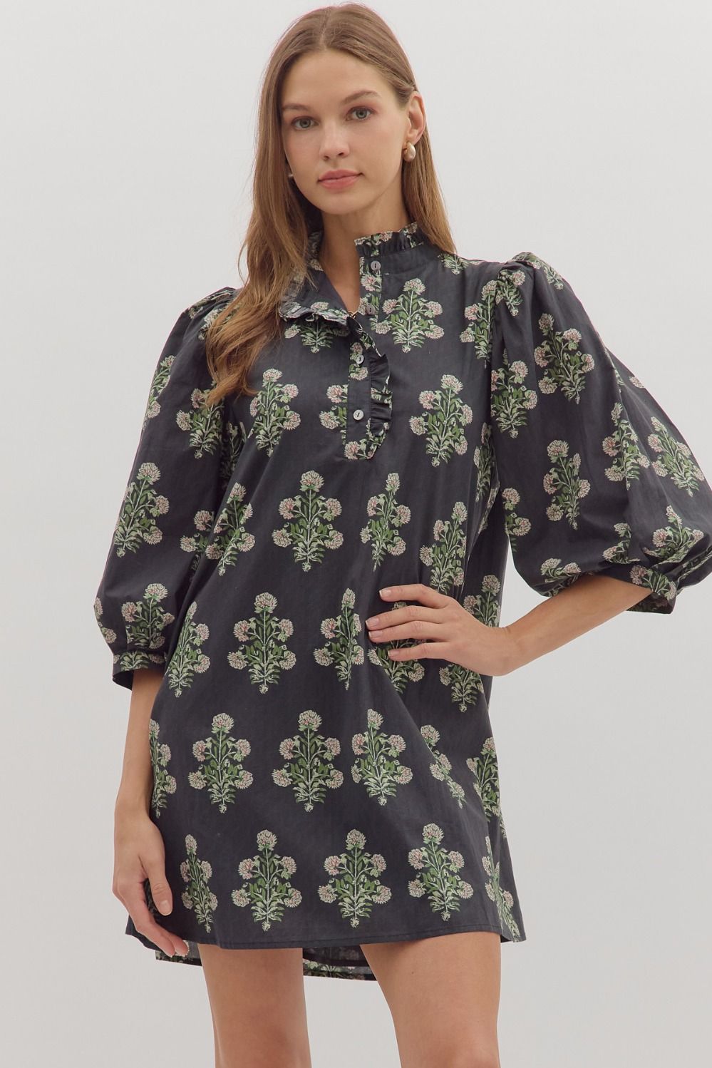 Black Floral Puff Sleeve Mini Dress | Ruffle Collar Dress
