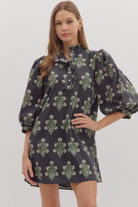 Black Floral Puff Sleeve Mini Dress | Ruffle Collar Dress