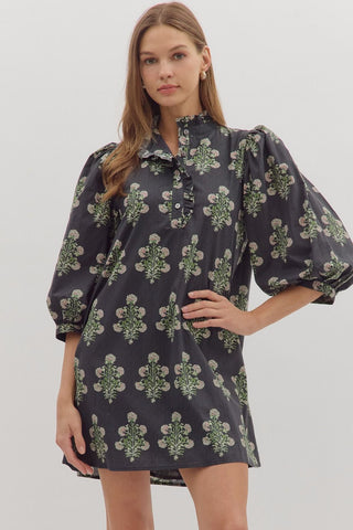 Black Floral Puff Sleeve Mini Dress | Ruffle Collar Dress