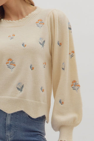 Cream Embroidered Floral Sweater | Scalloped Hem Knit