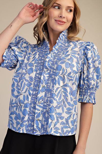 Ruffle V-Neck Smocked Puff Sleeve Blouse