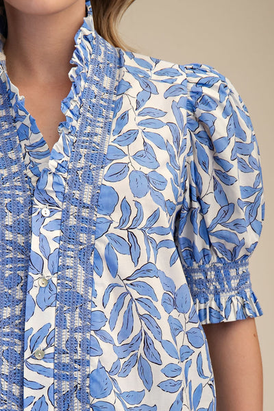 Ruffle V-Neck Smocked Puff Sleeve Blouse