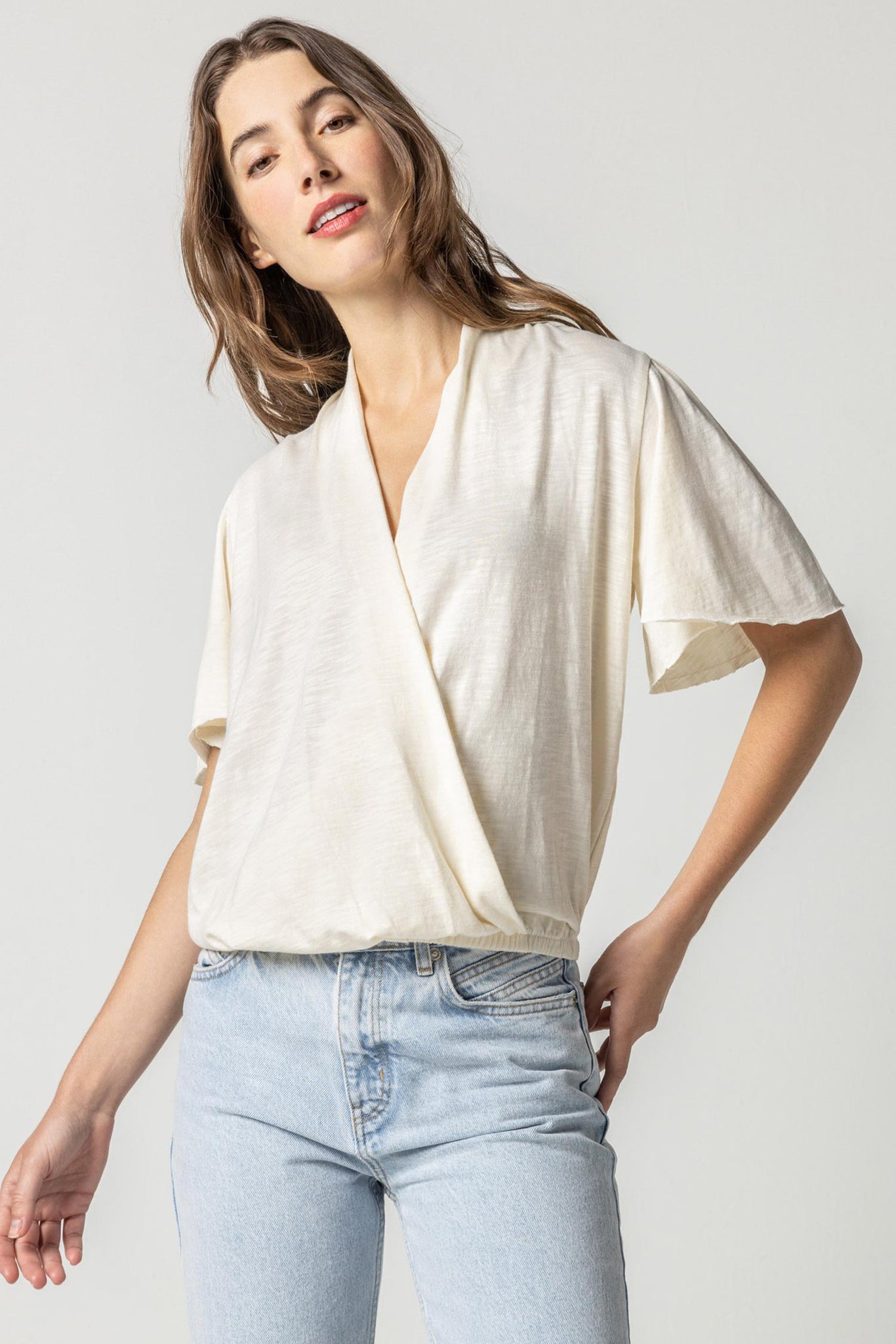 Faux Wrap Flutter Sleeve Top