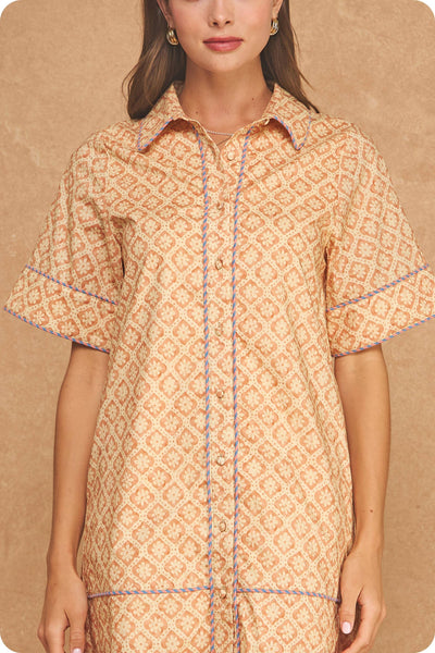 Retro Floral Stripe Piping Short Sleeve Shirt Mini Dress