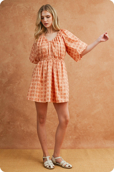 Chainlink Print Puff Short Sleeve Mini Dress