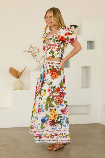 Floral Border Puff Sleeve Smocked Top