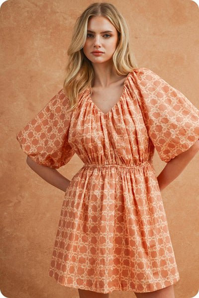 Chainlink Print Puff Short Sleeve Mini Dress