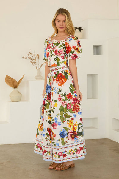 Floral Border Puff Sleeve Smocked Top