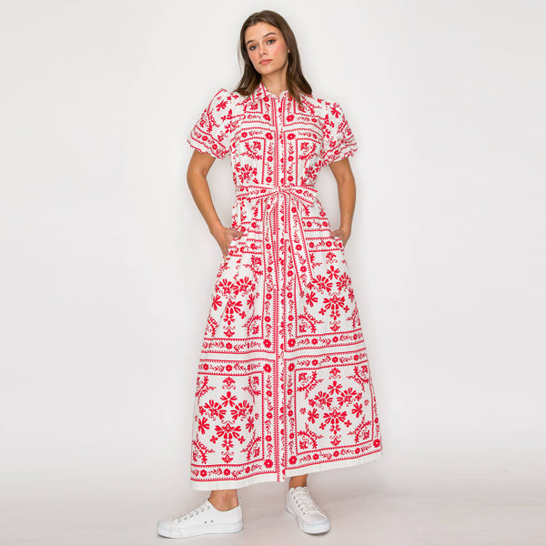 Printed Tie Waist Maxi Shirt Dress