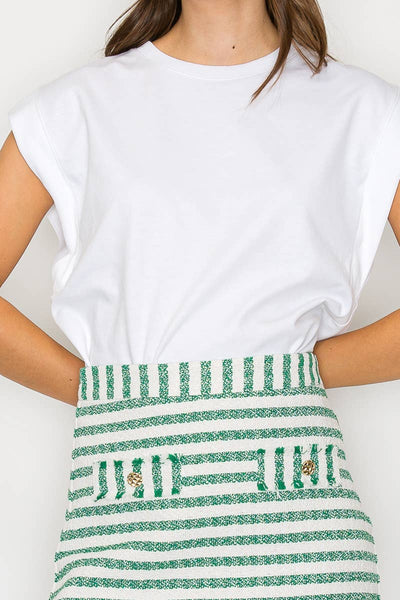 Green & White Stripe Summer French Boucle Mini Skirt