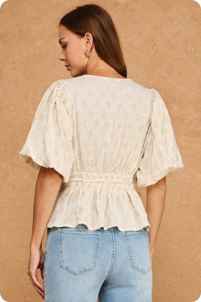 Dotted Textured Puff Sleeve Tie Waist Peplum Top