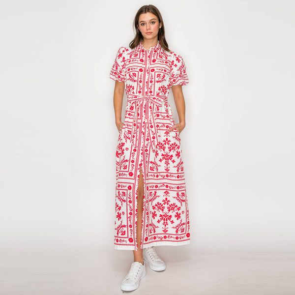 Printed Tie Waist Maxi Shirt Dress