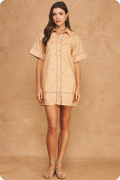 Retro Floral Stripe Piping Short Sleeve Shirt Mini Dress
