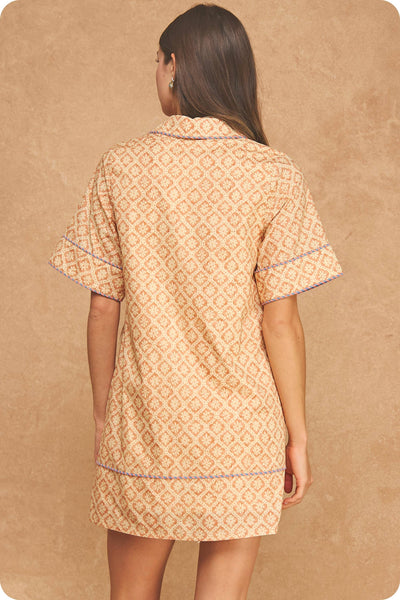 Retro Floral Stripe Piping Short Sleeve Shirt Mini Dress