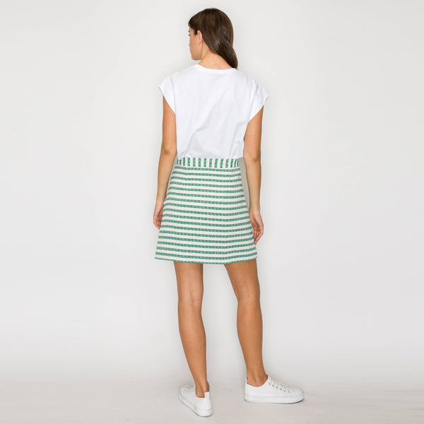 Green & White Stripe Summer French Boucle Mini Skirt