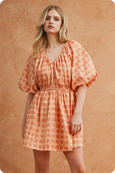 Chainlink Print Puff Short Sleeve Mini Dress