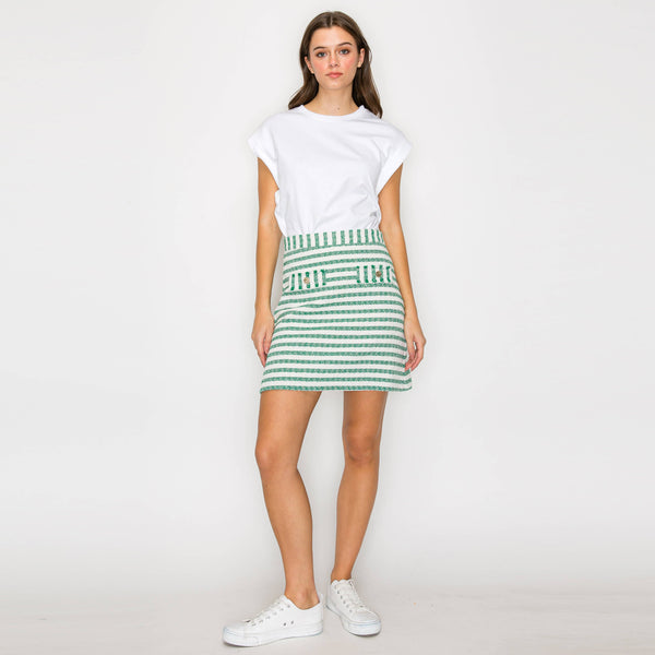 Green & White Stripe Summer French Boucle Mini Skirt