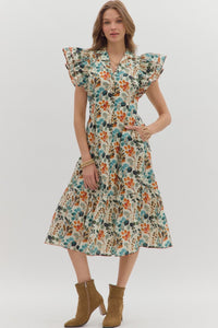 Autumn Botanical Flutter Sleeve Dress