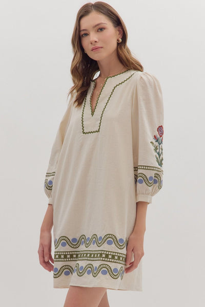 Embroidered Puff Sleeve Mini Dress