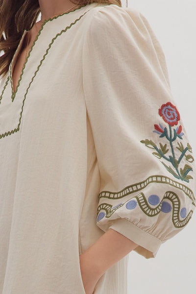 Embroidered Puff Sleeve Mini Dress
