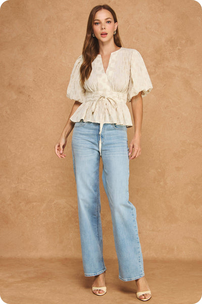 Dotted Textured Puff Sleeve Tie Waist Peplum Top
