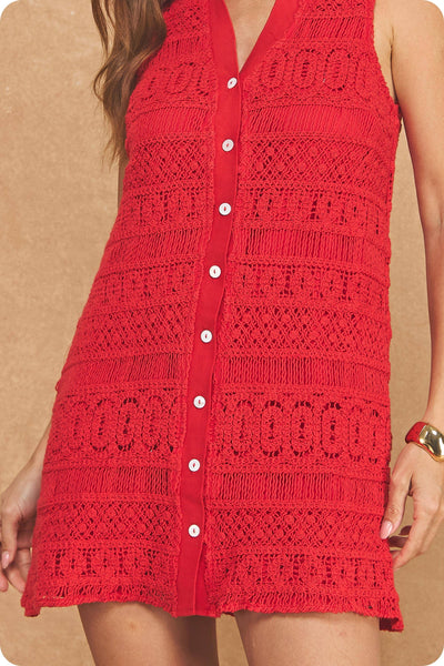 Crochet Lace Button Down Sleeveless Collared Mini Dress