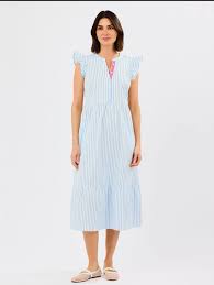 Pink Placket Stripe Flutter Midi Dress