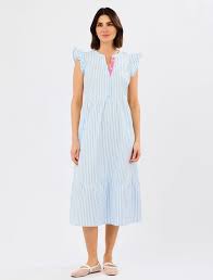 Pink Placket Stripe Flutter Midi Dress