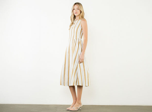 Gathered Waist Cotton Dress - Stripe