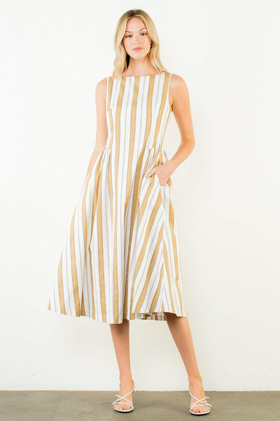 Gathered Waist Cotton Dress - Stripe