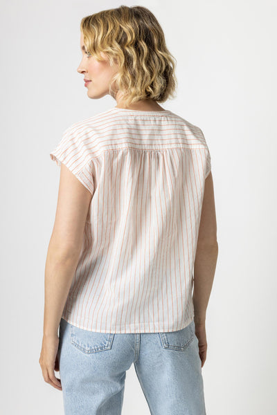 Short Sleeve Shirred Top : Tangerine Stripe